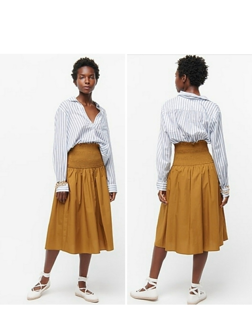 J. Crew Smocked-Waist Cotton Poplin Midi Skirt A-Line Gold Ochre Mustard Yellow